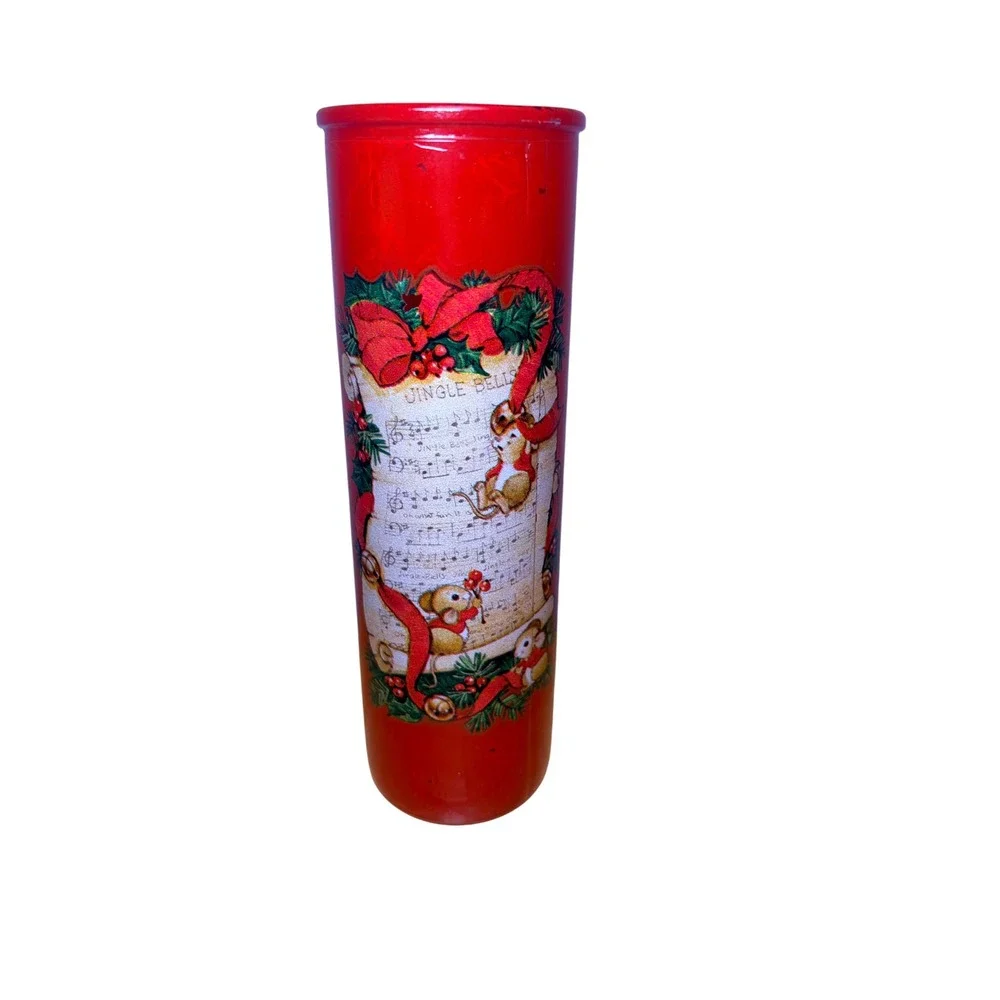 Vintage Christmas Jingle Bells Mouse Red Glass Cylinder Vase Mid Century Retro